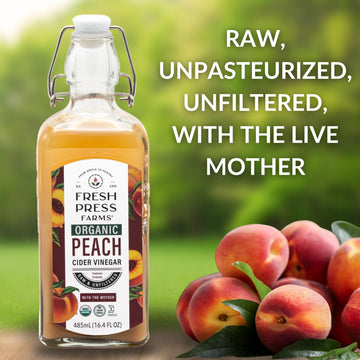 Fresh Press Farms Organic Peach Cider Vinegar with the Mother 16.4 Fl Oz (Pack of 2) Georgia Made Raw Unfiltered Certified Whole30 Non-GMO