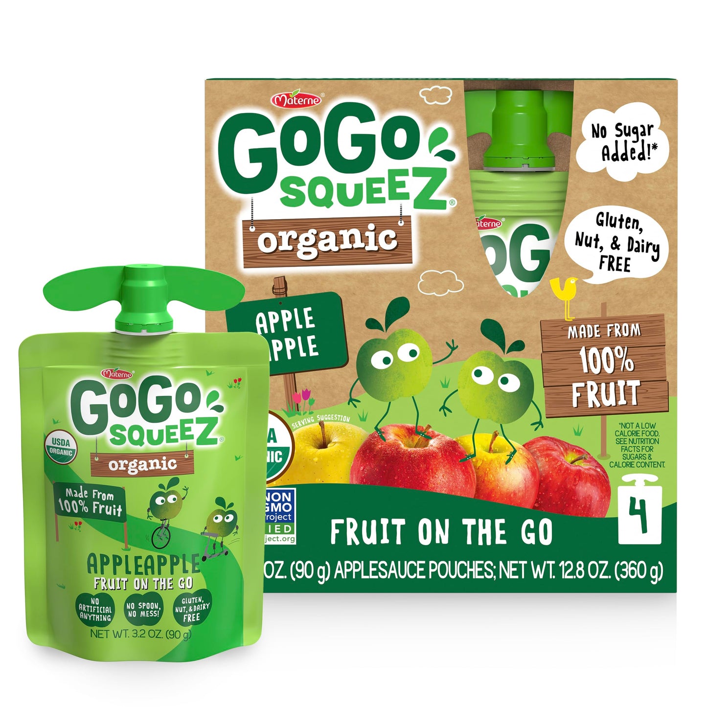 GoGo squeeZ Organic Applesauce and Fruit Puree, Apple Apple, 3.2 oz (Pack of 4), Unsweetened Organic Fruit Snacks for Kids, Gluten Free, Nut Free and Dairy Free, Recloseable Cap, BPA Free Pouches
