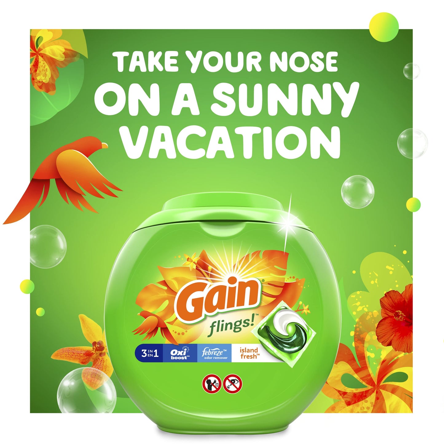 Gain Flings! Laundry Detergent Soap Pacs, HE Compatible, Island Fresh Scent, 60 Count – Long Lasting Clean and Freshness
