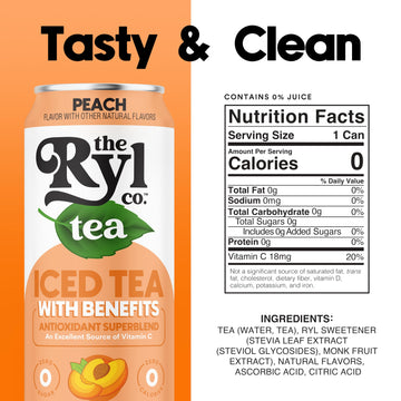 Ryl Iced Tea, Peach, Antioxidant Superblend, Zero Sugar, Low Carb, Zero Calorie Iced Tea, 16.0 Fl Oz (12-Pack)