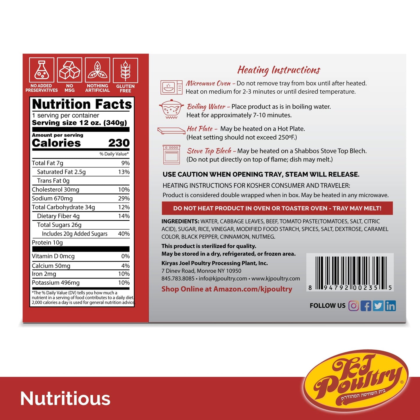 KJ Poultry Kosher Ready Meals - Beef Stuffed Cabbage Rolls, MRE Meat Meals Ready to Eat, Gluten Free (2 Pack) Prepared Entree Fu