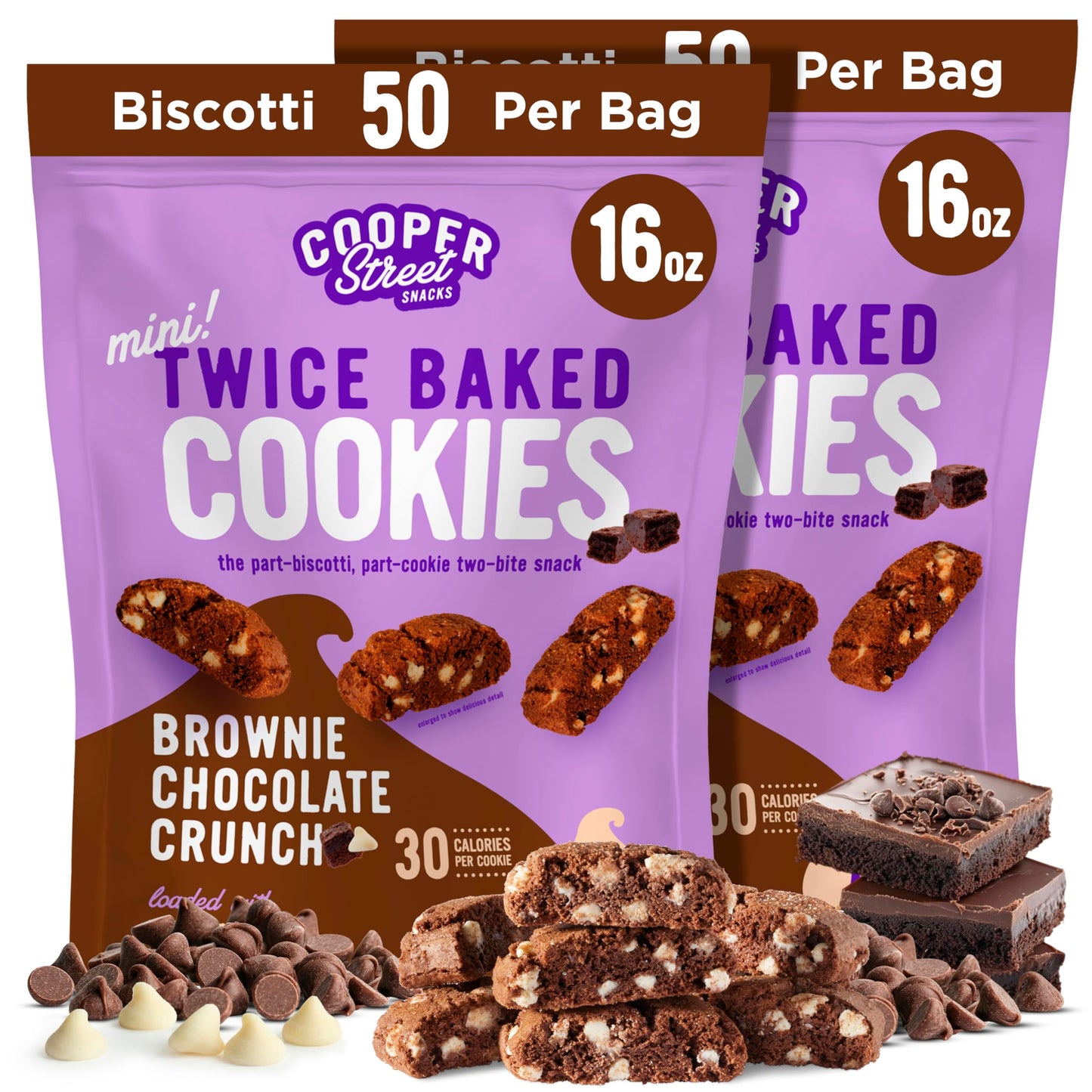 Cooper Street Twice-Baked Brownie Chocolate Biscotti Cookies (16Oz Each Pack Of 2) - 50 Two-Bite Mini Italian Style Snacks - Dairy-Free Peanut Free Kosher Low-Calorie Perfect With Coffee Or Tea