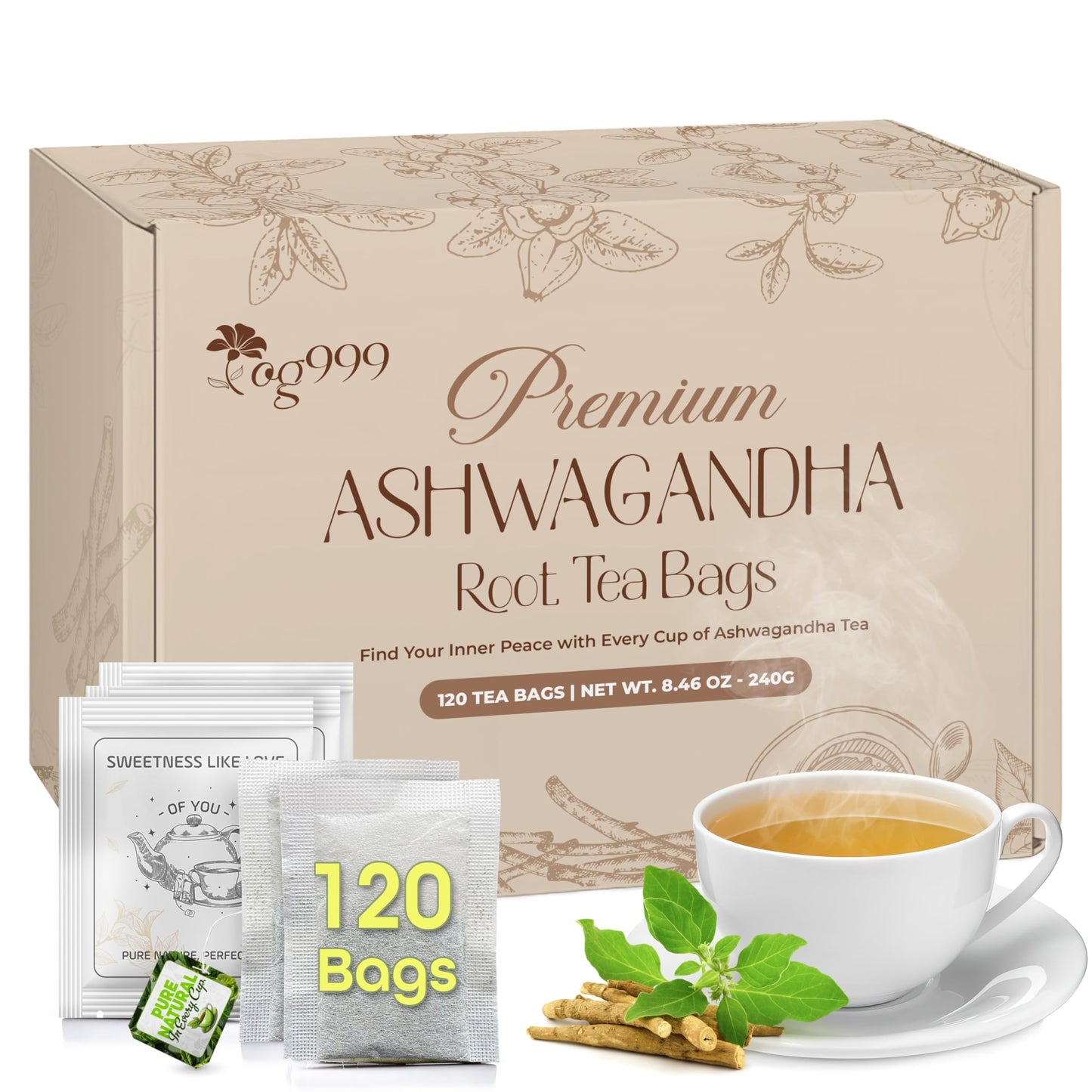Tog999 Top-Grade 120 Ashwagandha Root Tea Bags 100% Natural & Pure From Ashwagandha Root Ashwagandha Root Herbal Tea. No Sugar No Energy Blend No Gluten Vegan.