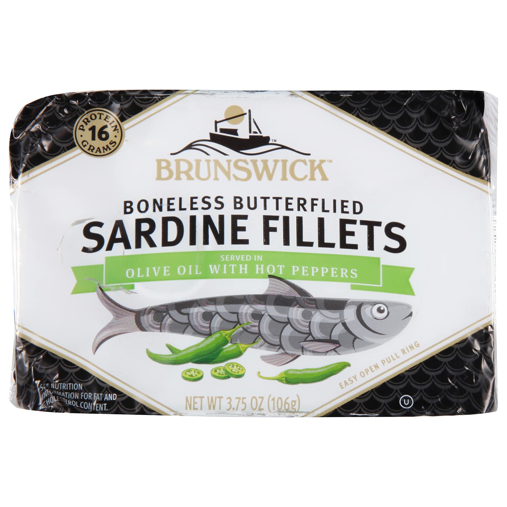 Brunswick Wild Caught Sardine Fillets In Hot Pepper, 3.75 Oz Can (Pack Of 12) - 16G Protein Per Serving - Gluten Free, Keto Friendly - Great For Pasta & Seafood Recipes