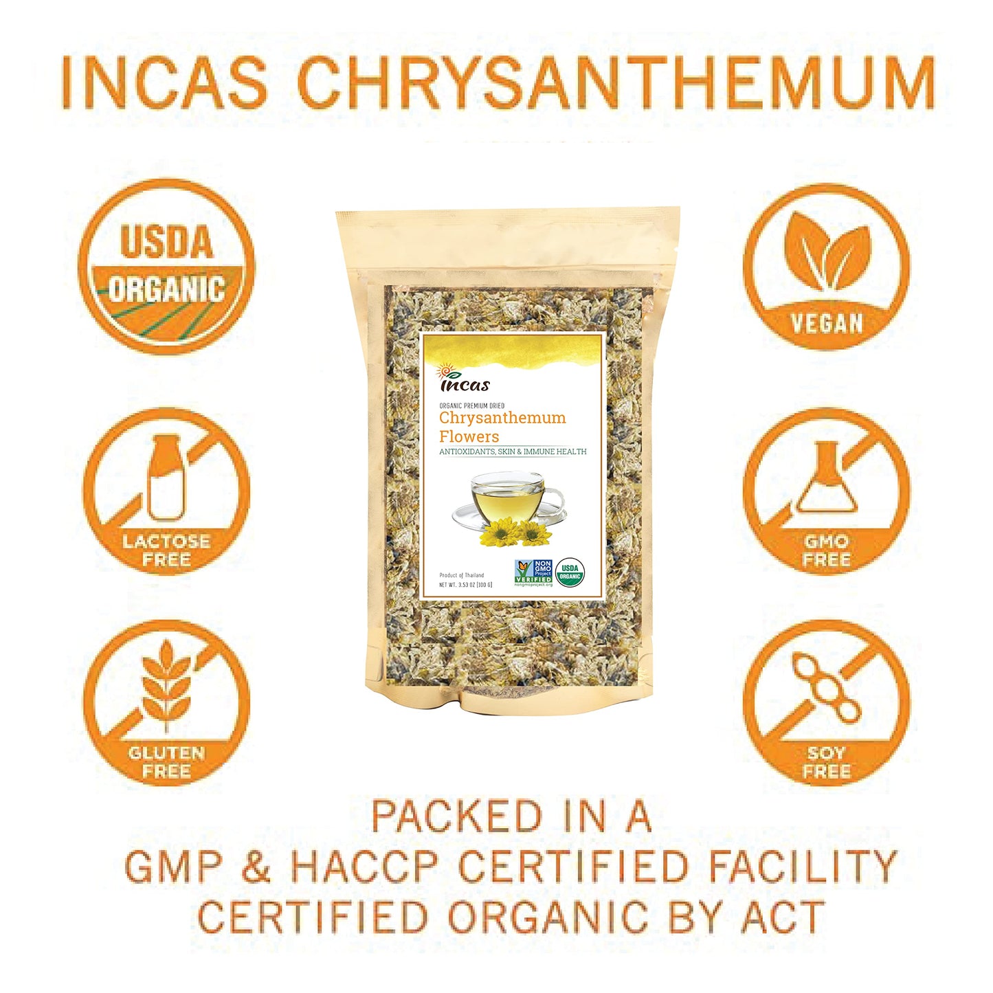 Incas 100% USDA Organic Chrysanthemum Tea - 3.53 oz Non-GMO, Caffeine Free, Gluten Free, Vegan, Antioxidant-Rich, Sourced from Thailand
