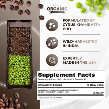 Amla Green Organic Ground Superfood Coffee, 16 Oz Medium Roast, Antioxidant-Rich Indian Gooseberry, 100% Arabica Specialty Coffee