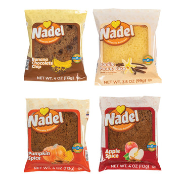 Nadel - Naturally Delicious Sweet Breads Variety Pack (Banana Chocolate Chip, Vanilla Pound Cake, Apple Spice, Pumpkin Spice). (