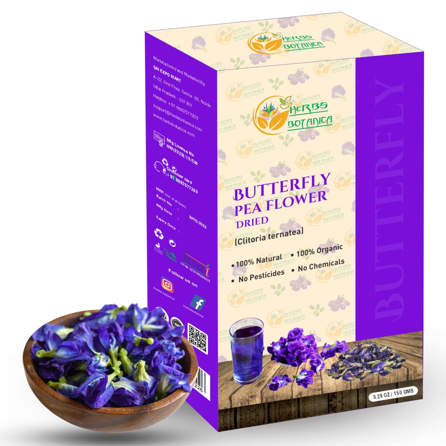 Herbs Botanica Dried Butterfly Pea Flowers For Tea Premium Herbal Tea 100% Clitoria Ternatea Flower Non Toxic, Vegan, Caffiene F