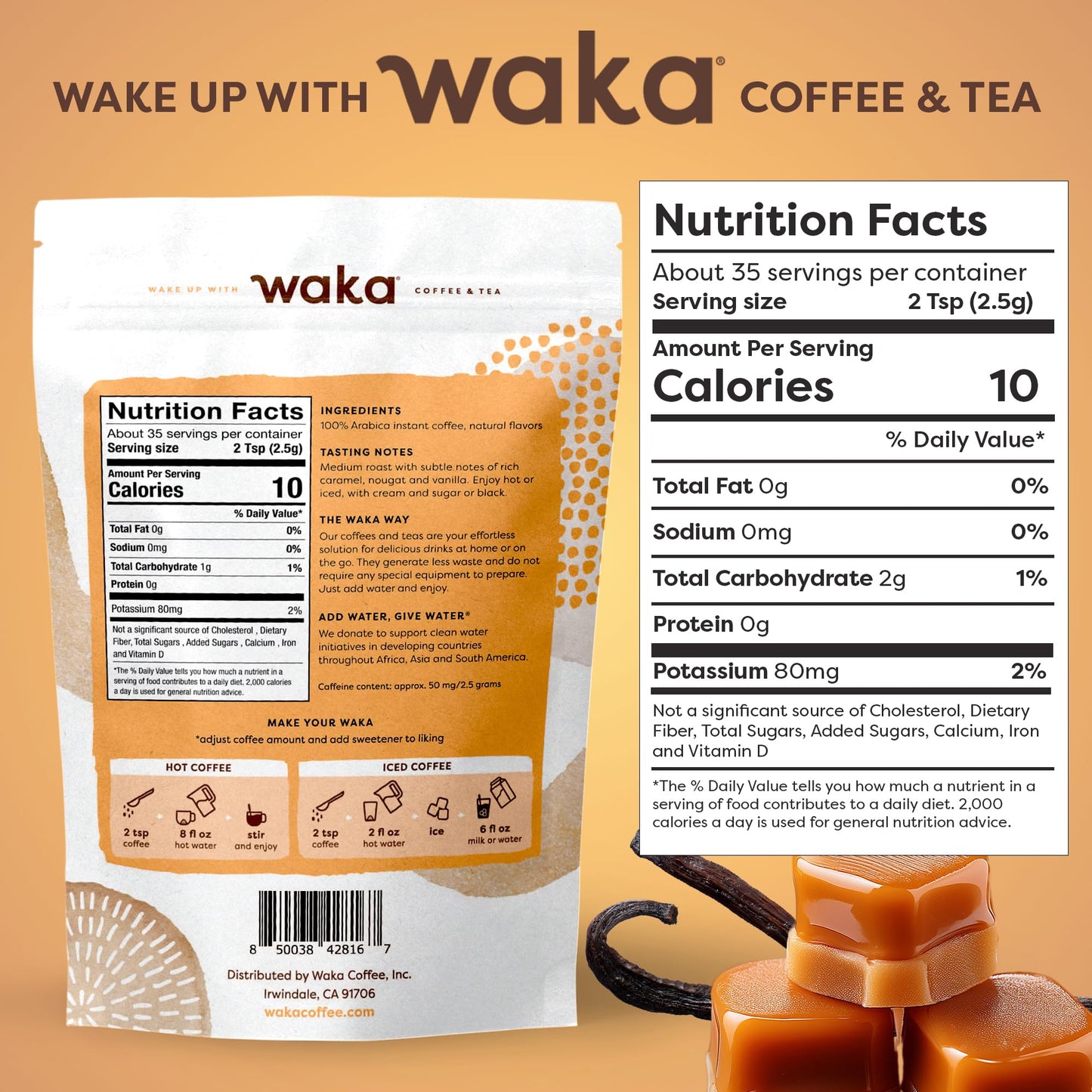 Waka Instant Coffee, Butterscotch Vanilla Flavored - 100% Arabica Beans, Freeze Dried Granules, No Additives - Bulk Bag For Quic