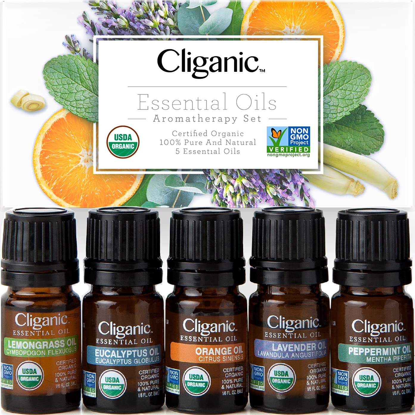 Cliganic Organic Essential Oils Set (Top 5) - 100% Pure Natural - Aromatherapy, Candle Making - Peppermint, Lavender, Eucalyptus