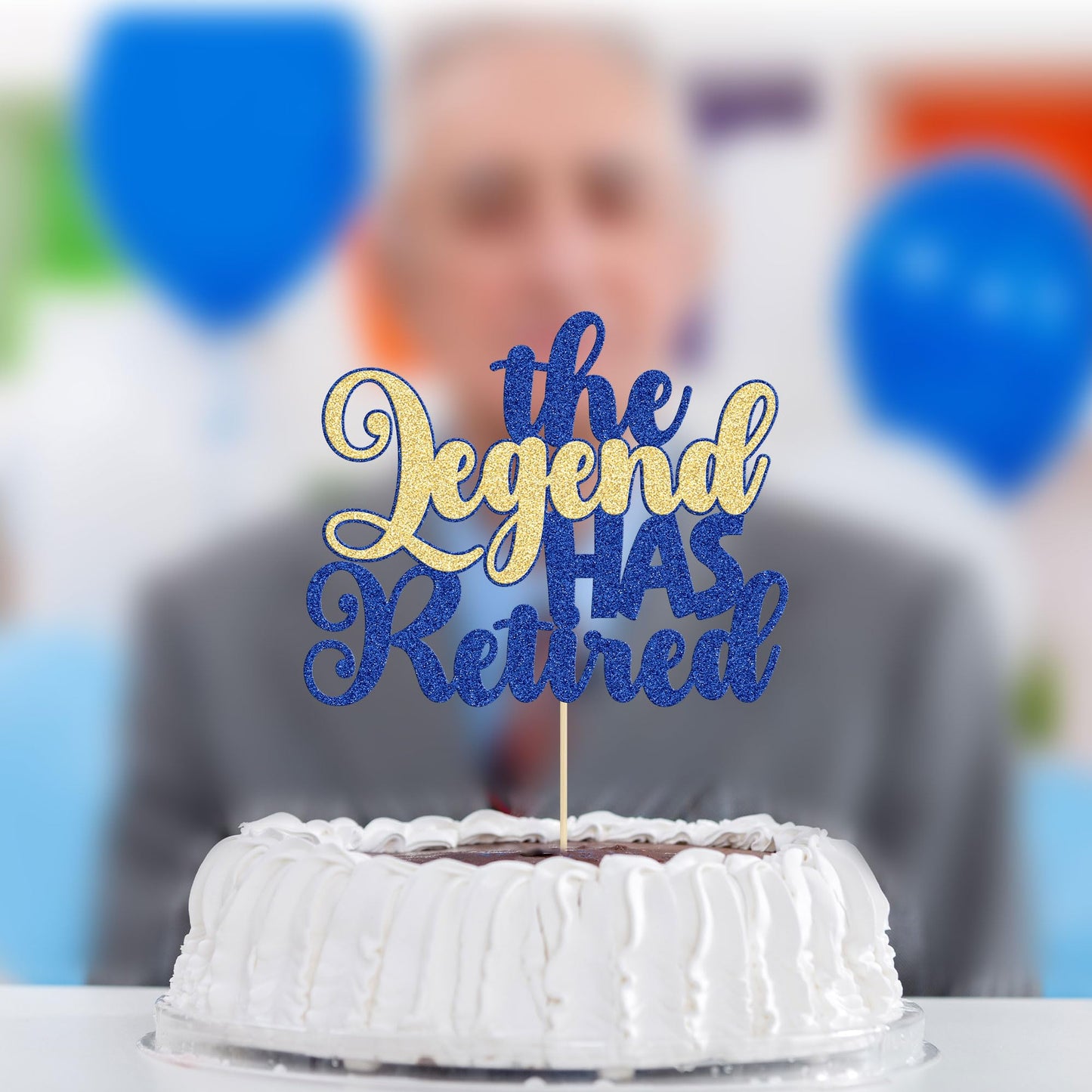 Gyufise Glitter Cake Topper - The Legend Has Retired Farewell Decoration in Blue & Gold for Retirement Party Supplies