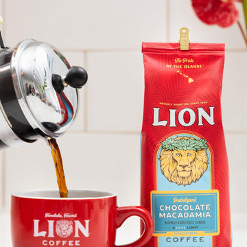 Lion Coffee Chocolate Macadamia Flavored Ground Coffee, Light Roast, Hawaiian Inspired Taste - 24 Ounce Bag