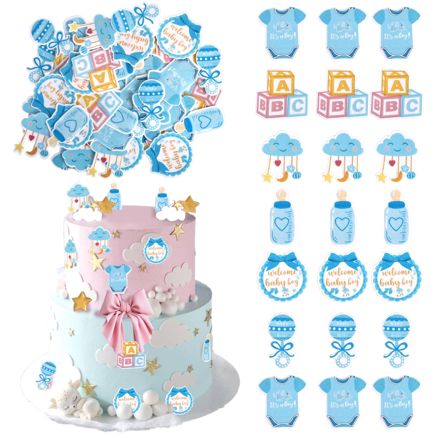 60 Pcs Edible Oh Baby Cupcake Toppers Pacifier Cloud Moon Star Welcome Baby Boy Cupcake Picks Edible Baby Shower ItS A Boy Cake Decorations For Baby Shower Boys Birthday Party Supplies Blue