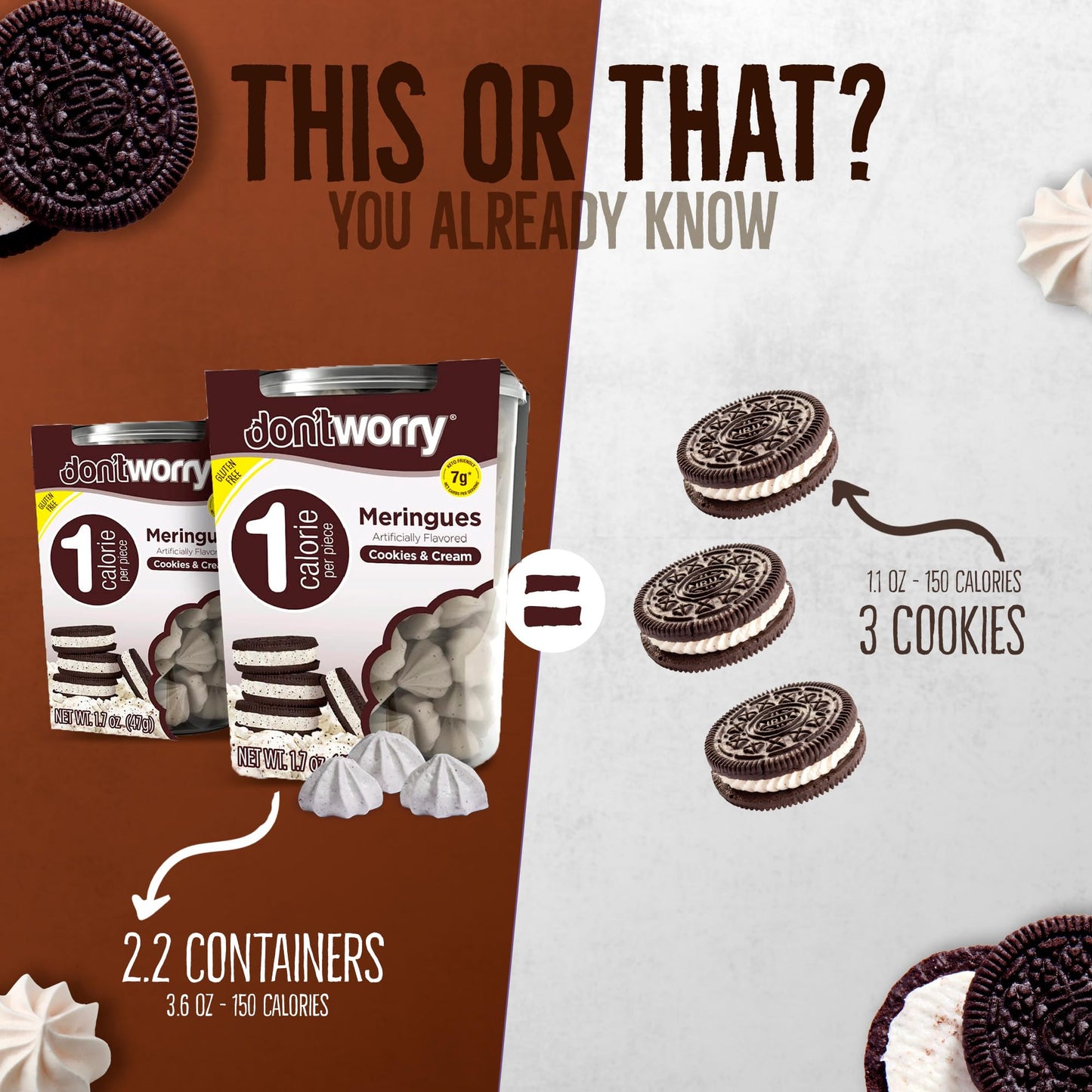 Don'T Worry Low Calorie Meringue Cookies - 4 Pack - Capuccino And Cookies & Cream, Just 1 Calorie Per Piece | Low Sugar Candy, G