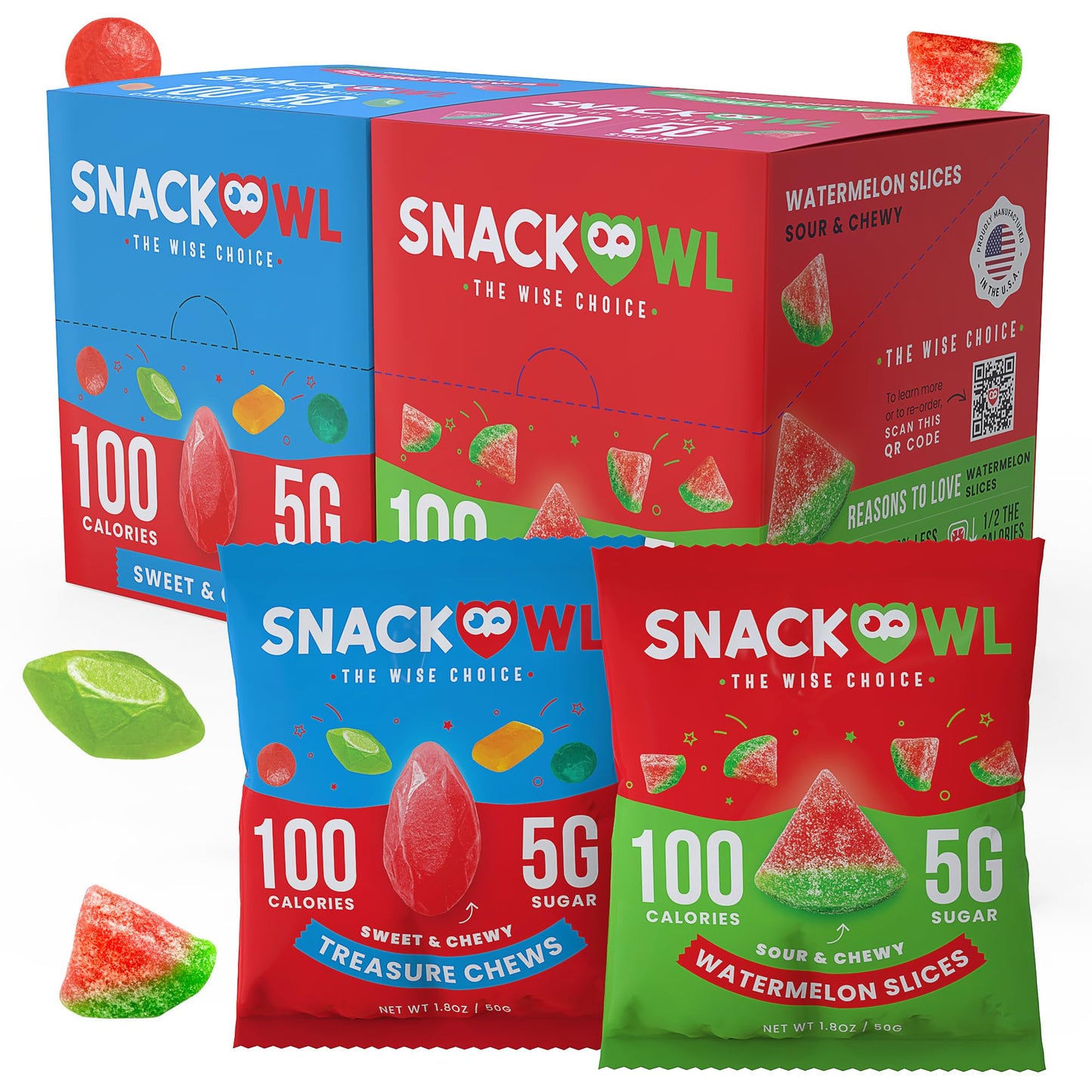 Snack Owl Vegan Sour Gummy Candy - Gluten Free, Low Calorie Candy - Guilt Free & Delicious Healthy Gummy Snacks - Watermelon Sli