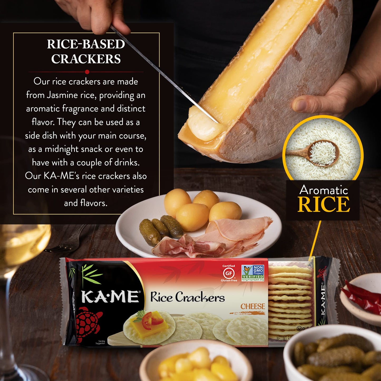 KA-ME Gluten-Free Cheese Rice Crackers 3.5 oz (Pack of 12), Authentic Asian Ingredients and Flavors, Certified Gluten-Free, No A