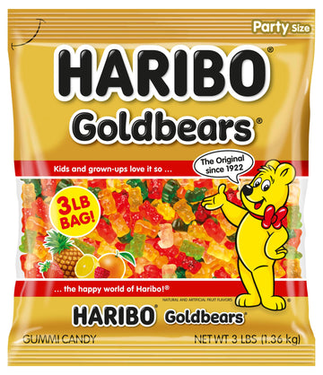 HARIBO Gummi Candy, Original Goldbears Gummy Bears, 3 Pound Party Size Bag, Delicious Soft & Chewy Sweet Snacks, Assorted Fruity
