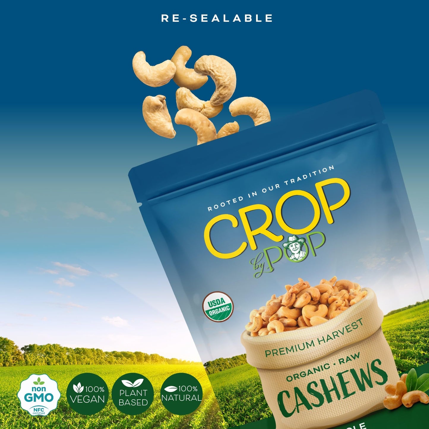 CROP BY POP - Organic Raw Whole Cashews, Unsalted, Shelled, (32 Oz - 2 LB) Packed Fresh in Resealable Bag - USDA Organic, Non GM