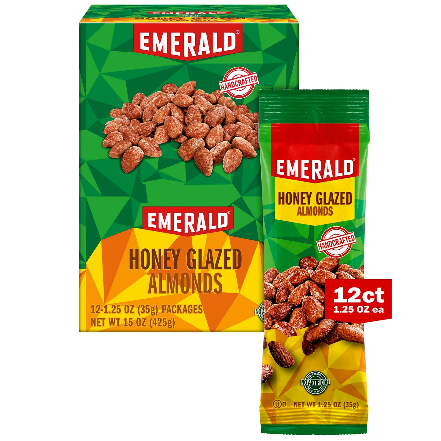 Emerald Nuts Honey Glazed Almonds 12 Ct (1-Pack) | 1.25 Oz Individual Snack Tubes | Kosher Dairy Certified Non-GMO Contains No Artificial Preservatives Flavors or Synthetic Colors