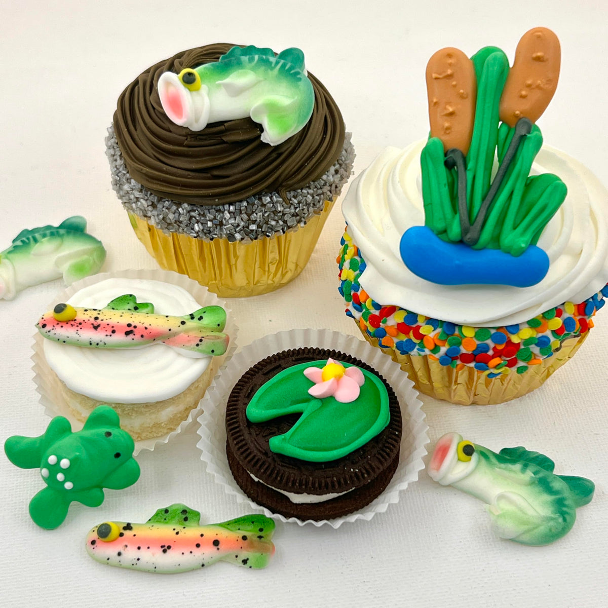 Mini Pond Assortment Fishing Topper- 9 pcs Lily Pad, Cattails, Frogs Edible Icing Cake Decoration Topper by BakersDozenToGo (Cho