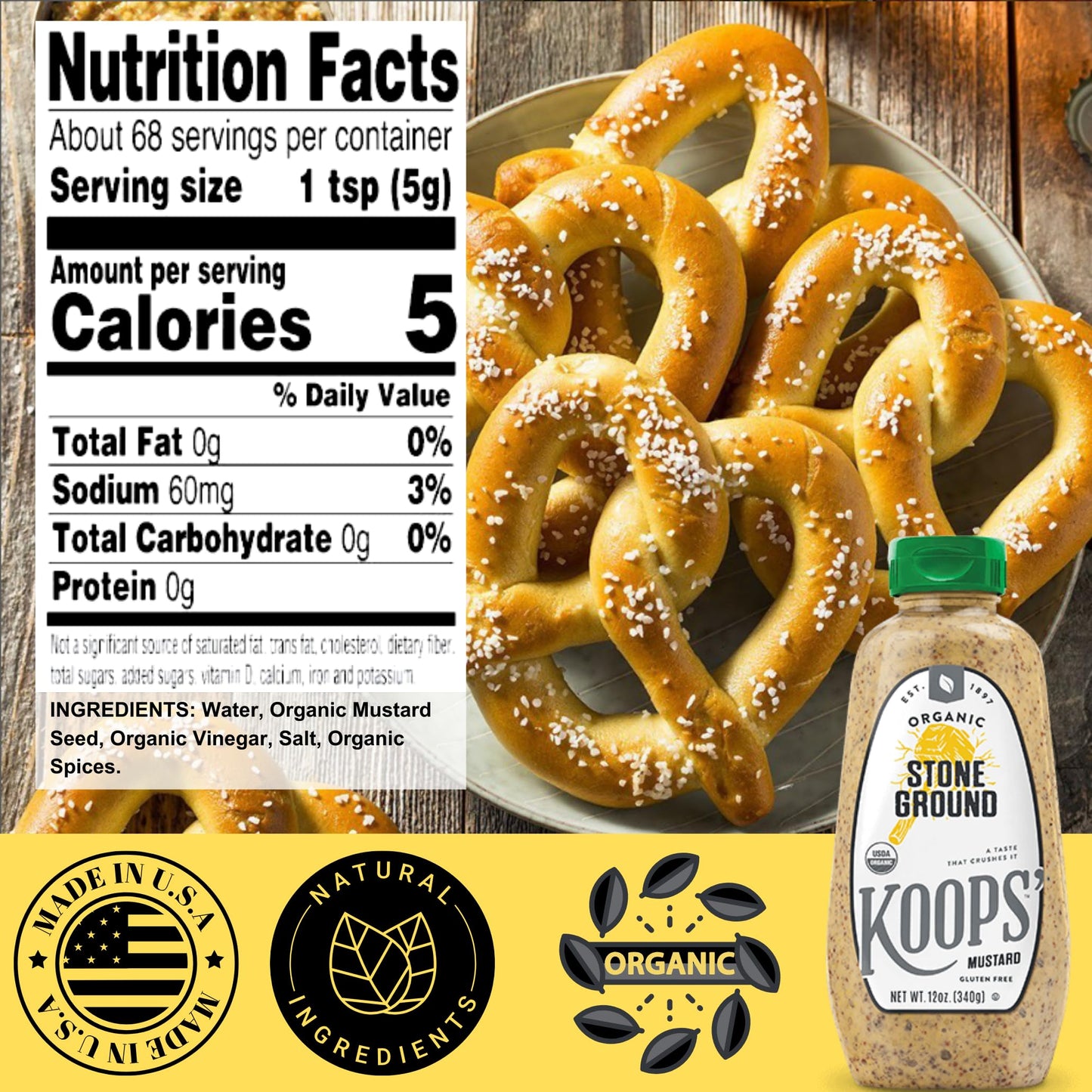 Koops' Organic Stone Ground Mustard - Old-Fashioned Mustard, Gluten-Free, Kosher, Non-Gmo, Usda Certified Organic Mustard, Made
