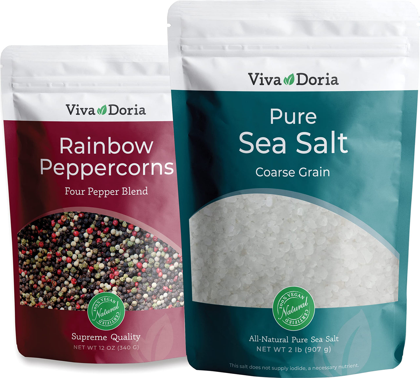 Viva Doria Rainbow Peppercorns Blend, 12 Oz And Pure Sea Salt, Coarse Grain, 2 Lb | Great For Grinder Refills, 2 Piece Set