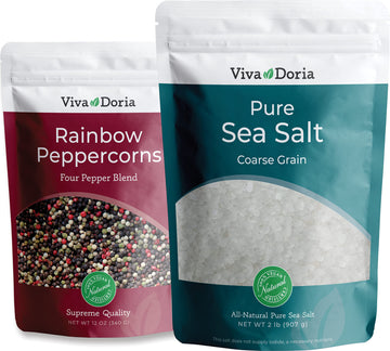Viva Doria Rainbow Peppercorns Blend, 12 Oz And Pure Sea Salt, Coarse Grain, 2 Lb | Great For Grinder Refills, 2 Piece Set