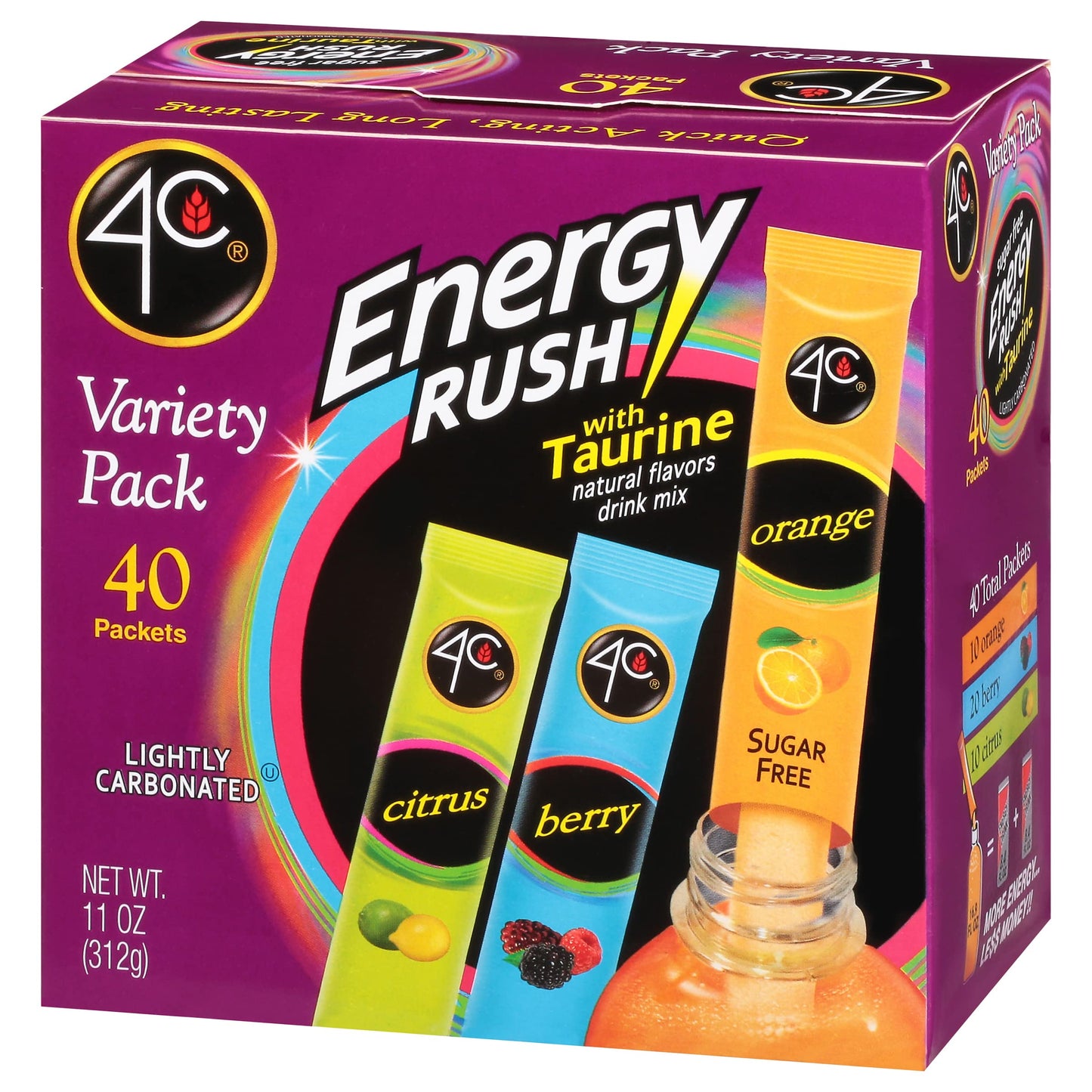 4C Energy Rush Stix Variety Pack, 40 Count, Sugar Free Water Flavoring Packets, On the Go, Model -102021-v5