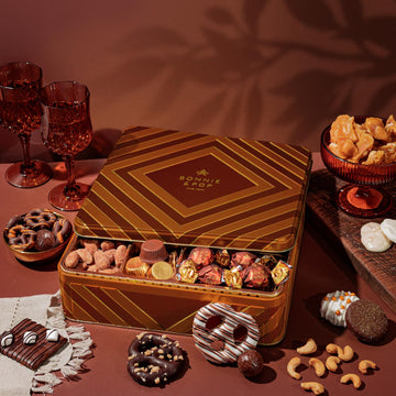 Holiday Chocolate Gift Basket– Thanksgiving Snack Box With Covered Pretzels, Oreos, Nuts & Sweets – Gourmet Food Gift Tin For Christmas, Families, Men, Women, Clients- Bonnie And Pop