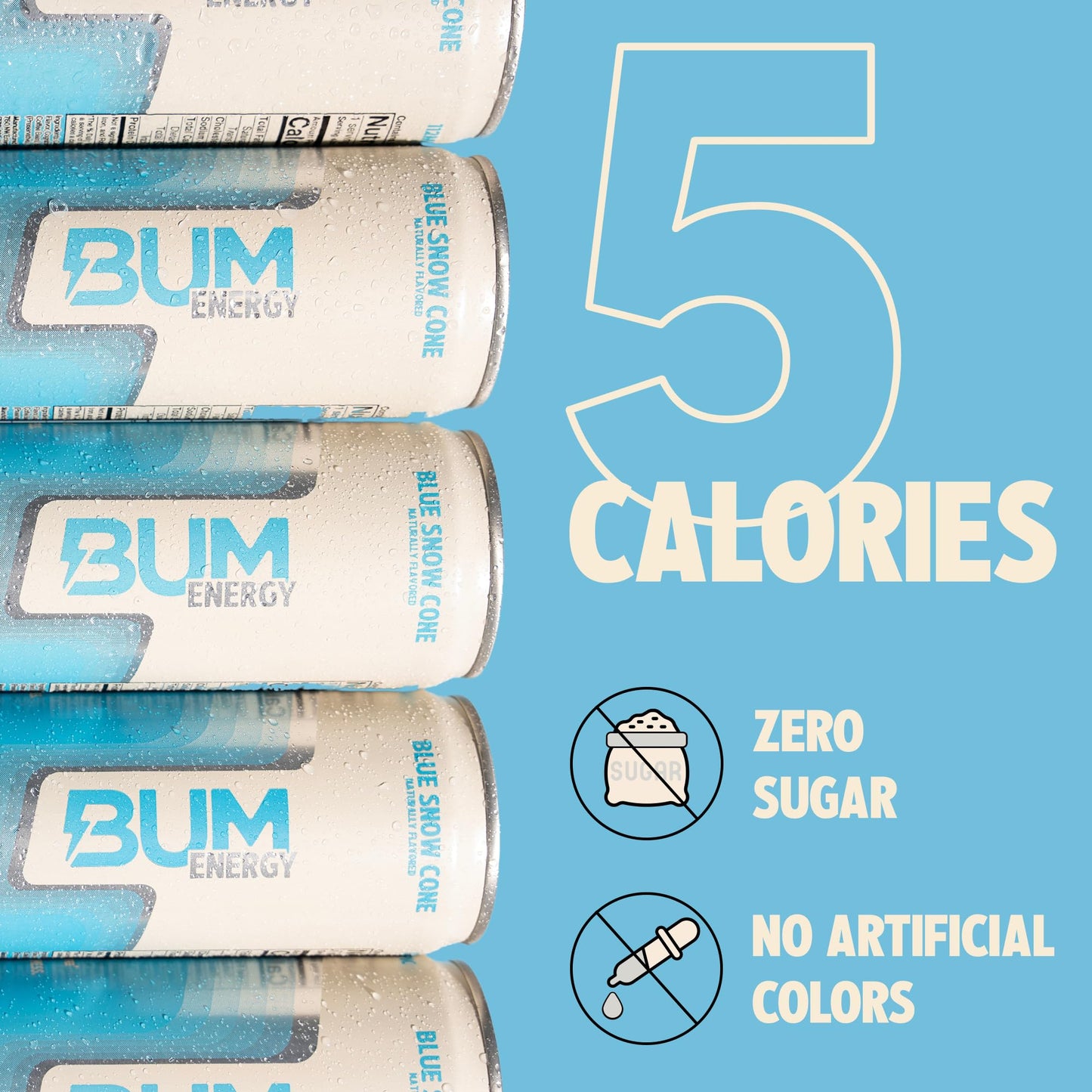 Bum Energy Sugar-Free Energy Drink, Blue Snow Cone, Natural Caffeine, 12 oz, Pack of 12