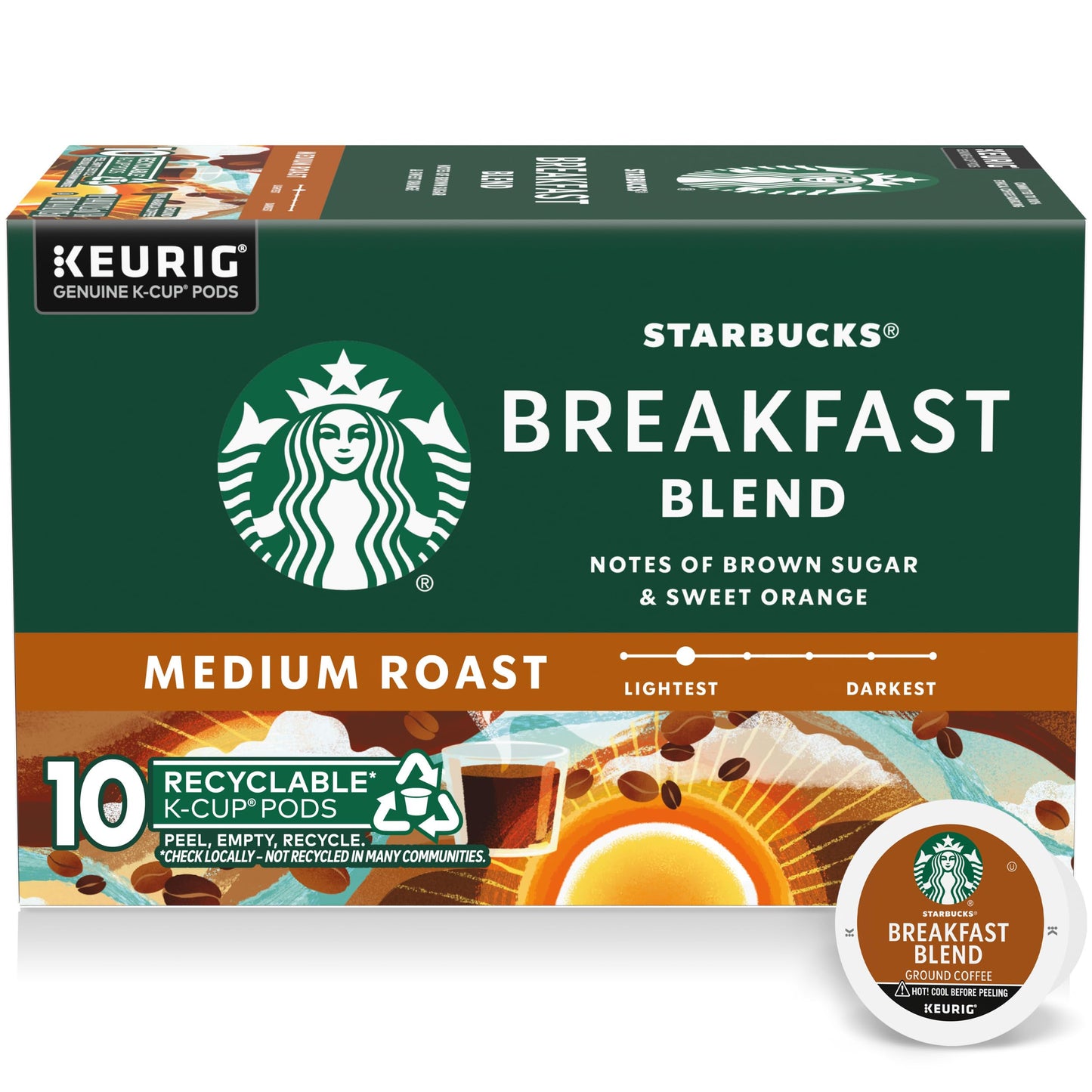Starbucks K-Cup Coffee Pods, Medium Roast Coffee, Breakfast Blend, 100% Arabica, 1 box (10 pods)