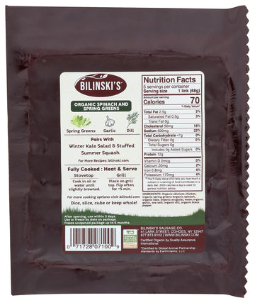 Bilinski Organic Spinach & Spring Greens Chicken Sausage, 12 Oz