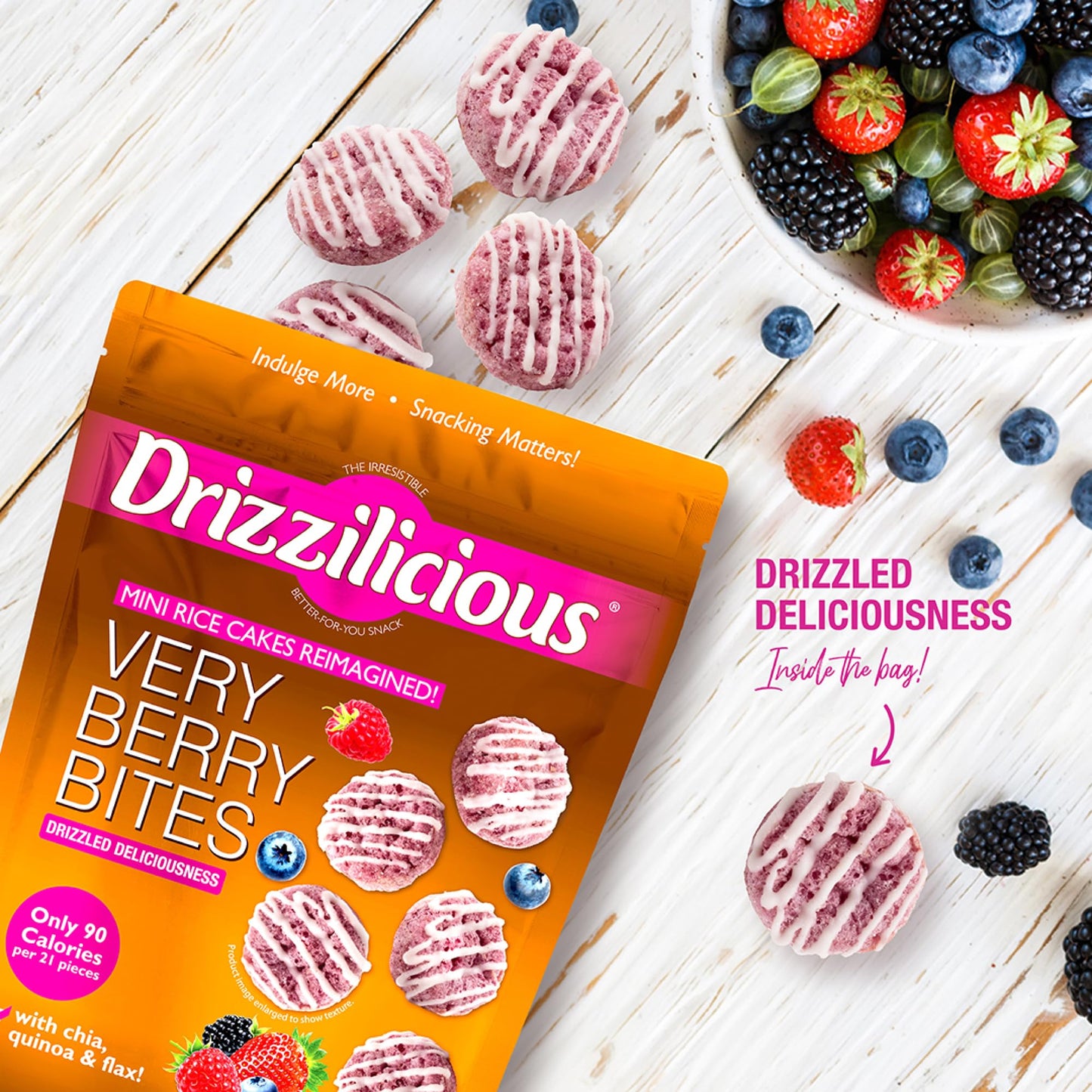 Drizzilicious Mini Rice Cakes Very Berry - Rice Crisps, Healthy Snack for Adults and Kids, Flavored Rice Cakes, Vegan, Gluten Fr