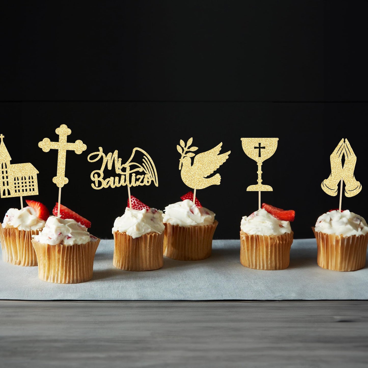 Gyufise Gold Cupcake Toppers, Glitter Cross Angel Dove Decorations, 24Pcs, Paper, Small, God Bless Theme for Baptism & Baby Shower