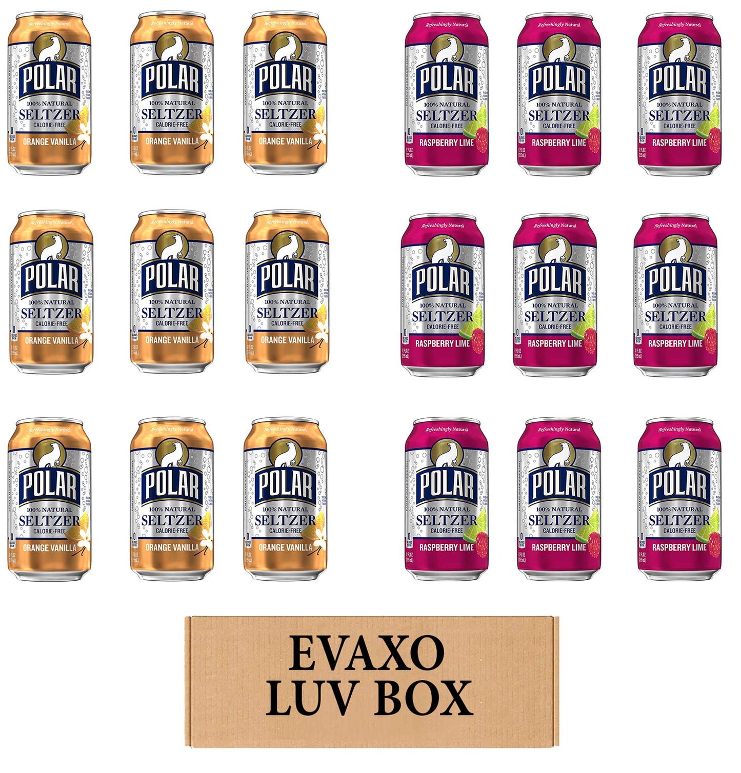 LUV BOX - VARIETY POLAR SELTZER WATER, 12oz CANS, PACK OF 18, ORANGE VANILLA, RASPBERRY LIME by evaxo
