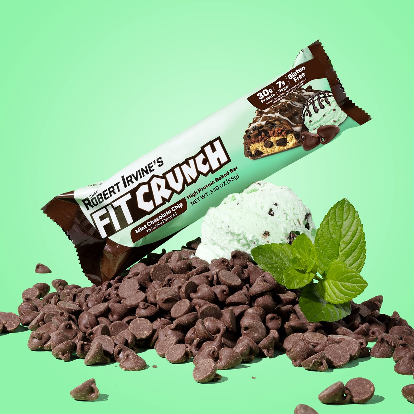 Fitcrunch Full Size Protein Bars, 6-Layer Baked Bar, 7G Of Sugar, Gluten Free & Soft Cake Core (12 Bars, Mint Chocolate Chip)
