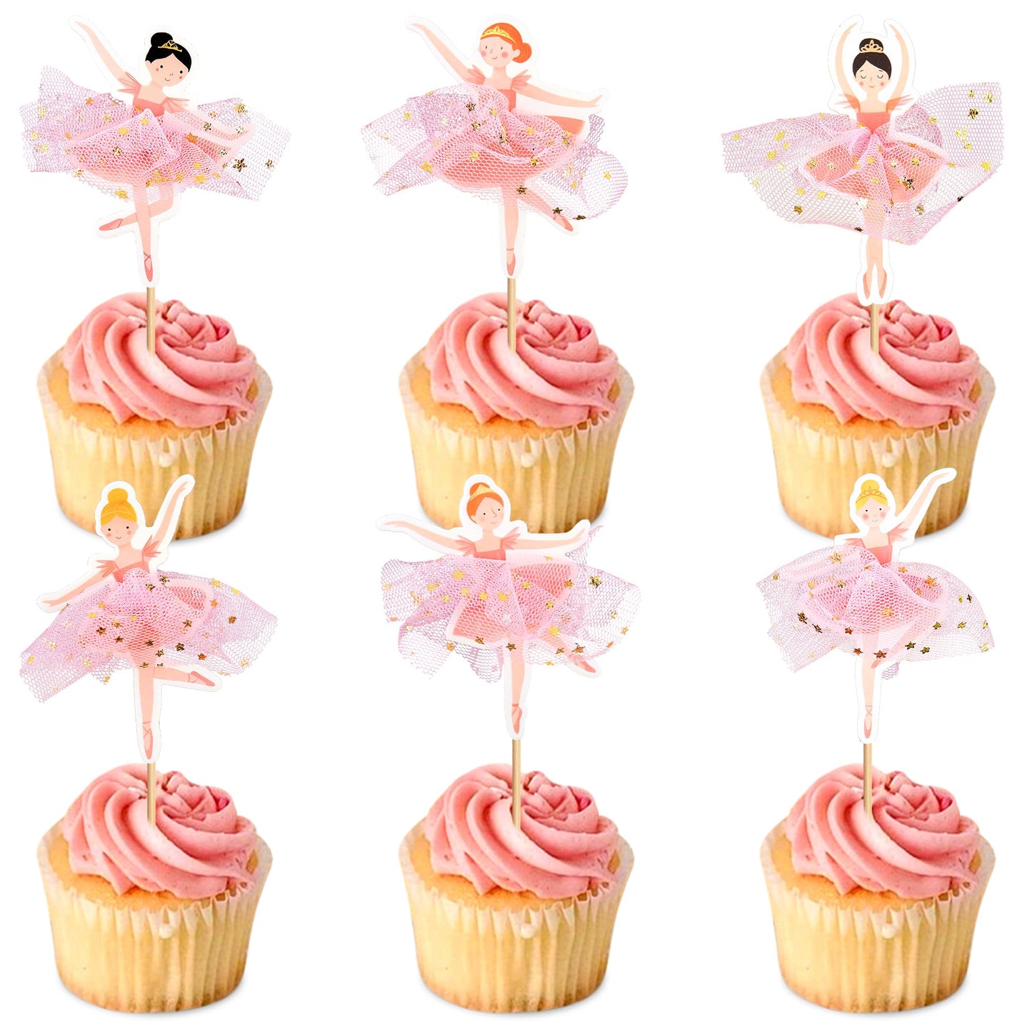 24 Pcs Ballerina Cupcake Toppers - 3D Tutu Dress Ballet Girl Picks For Baby Girl Birthday Princess Party Baby Shower Wedding Picnic Muffin & Dessert Decorations (Style 1)