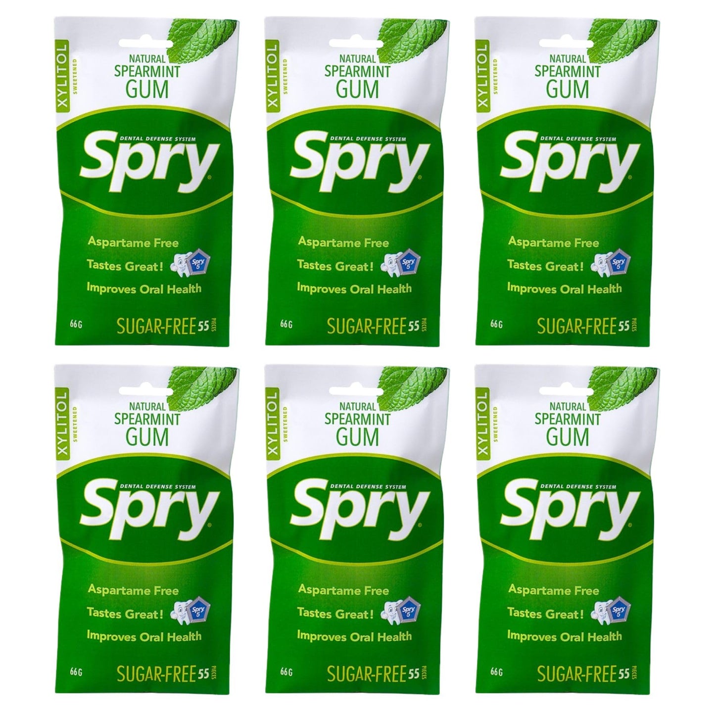 Spry Xylitol Chewing Gum - Aspartame-Free, Sugar-Free, Non-GMO, Spearmint, 55 Count (Pack of 6)