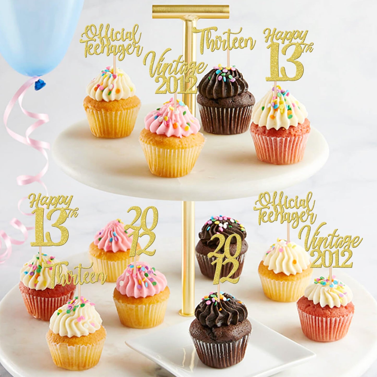 ZHUOWEISM 30PCS Cupcake Toppers - Happy 13th Birthday Decorations, Gold