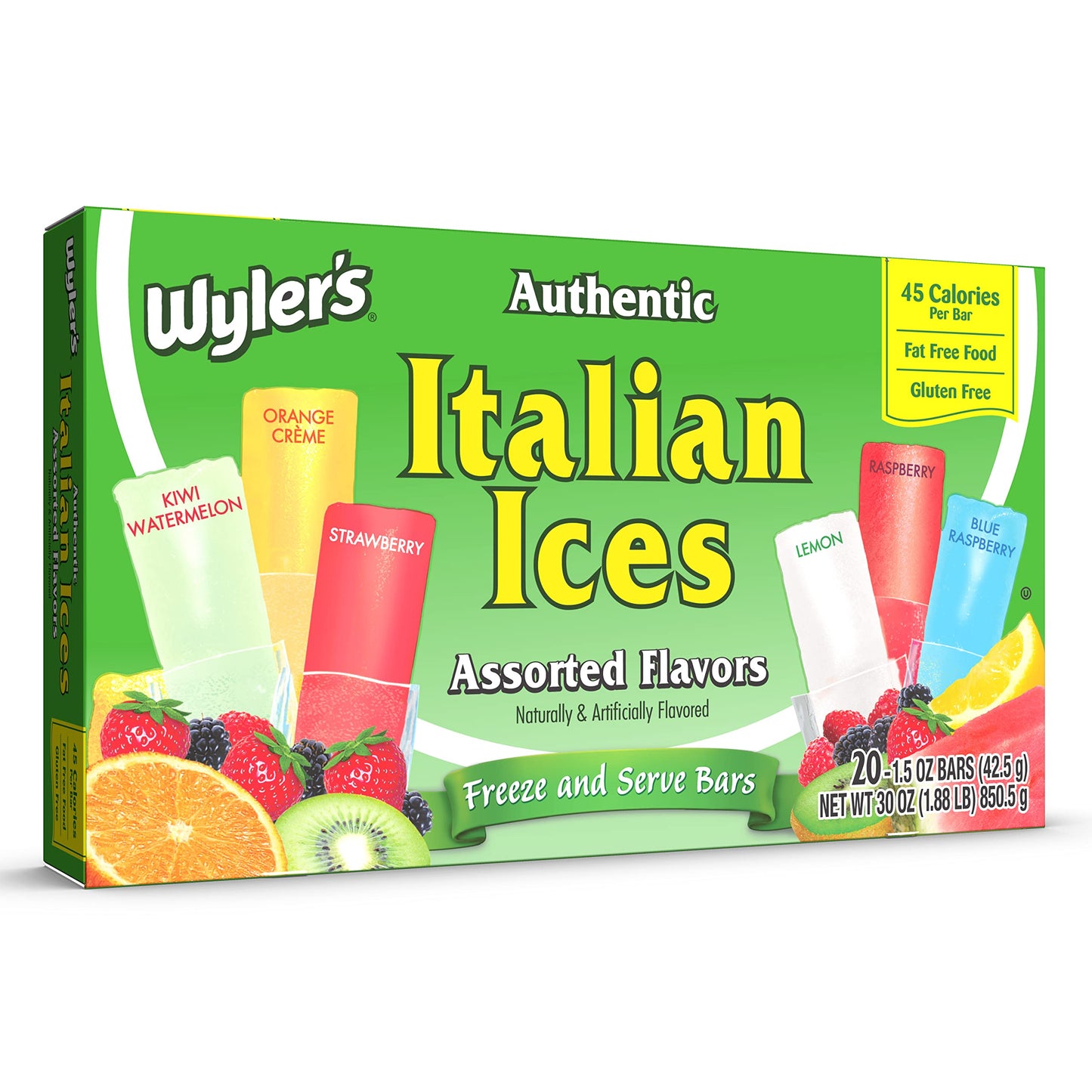 Wylers Authentic Italian Ice Fat Free Freezer Bars Original Flavors 1.5oz bars, 20 count