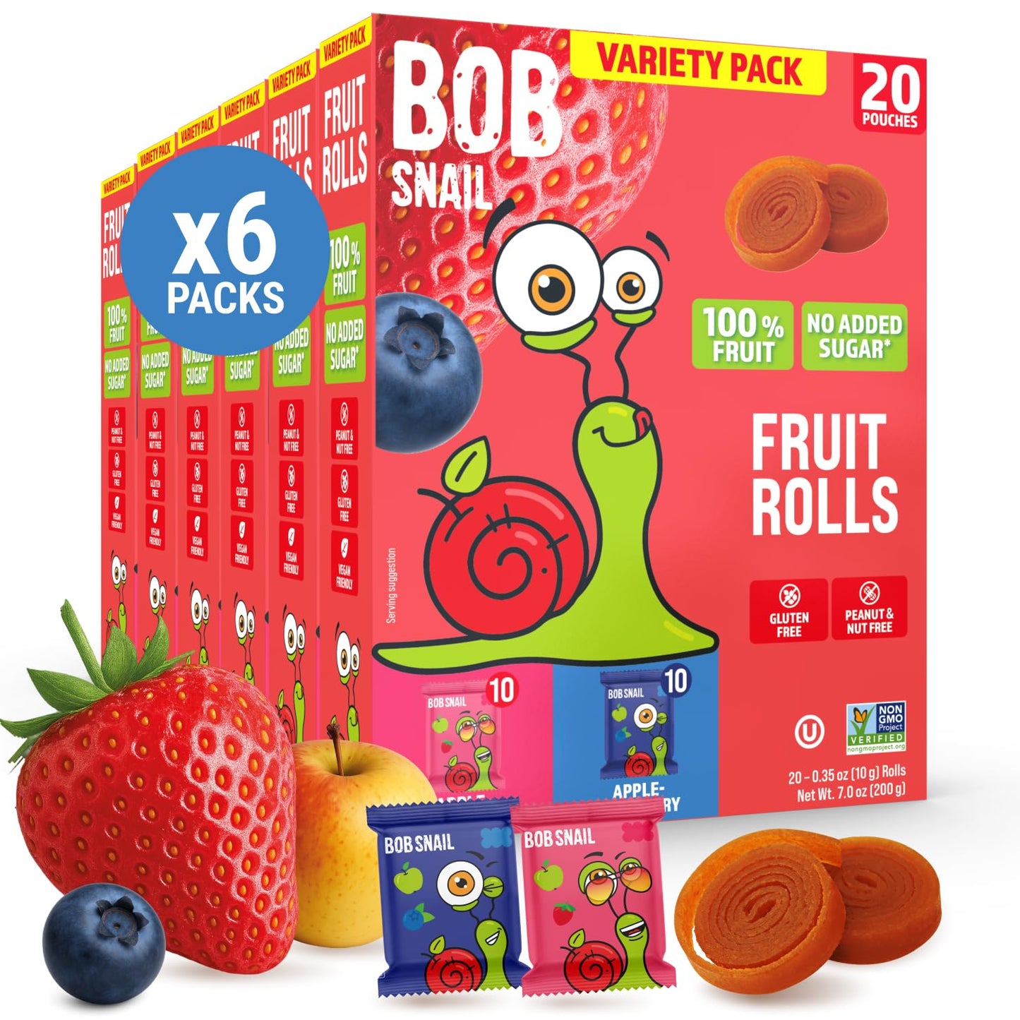 Bob Snail Fruit Roll Ups - Strawberry & Blueberry Flavor Mix, Real Fruit Snacks with No Added Sugar, Vegan & Gluten-Free, Value