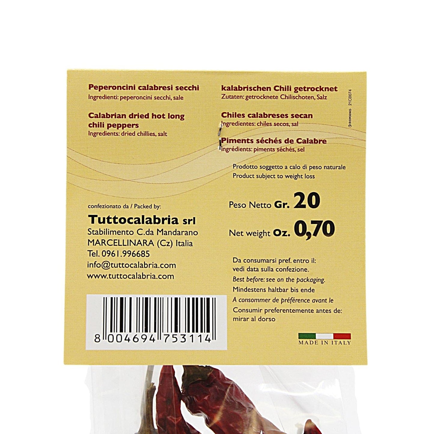 Tuttocalabria Dried Whole Calabrian Chili Peppers, Dry Peppers On Stem, Great For Cooking Or Decoration, All Natural, Non-Gmo, Product Of Italy, 20 Gram