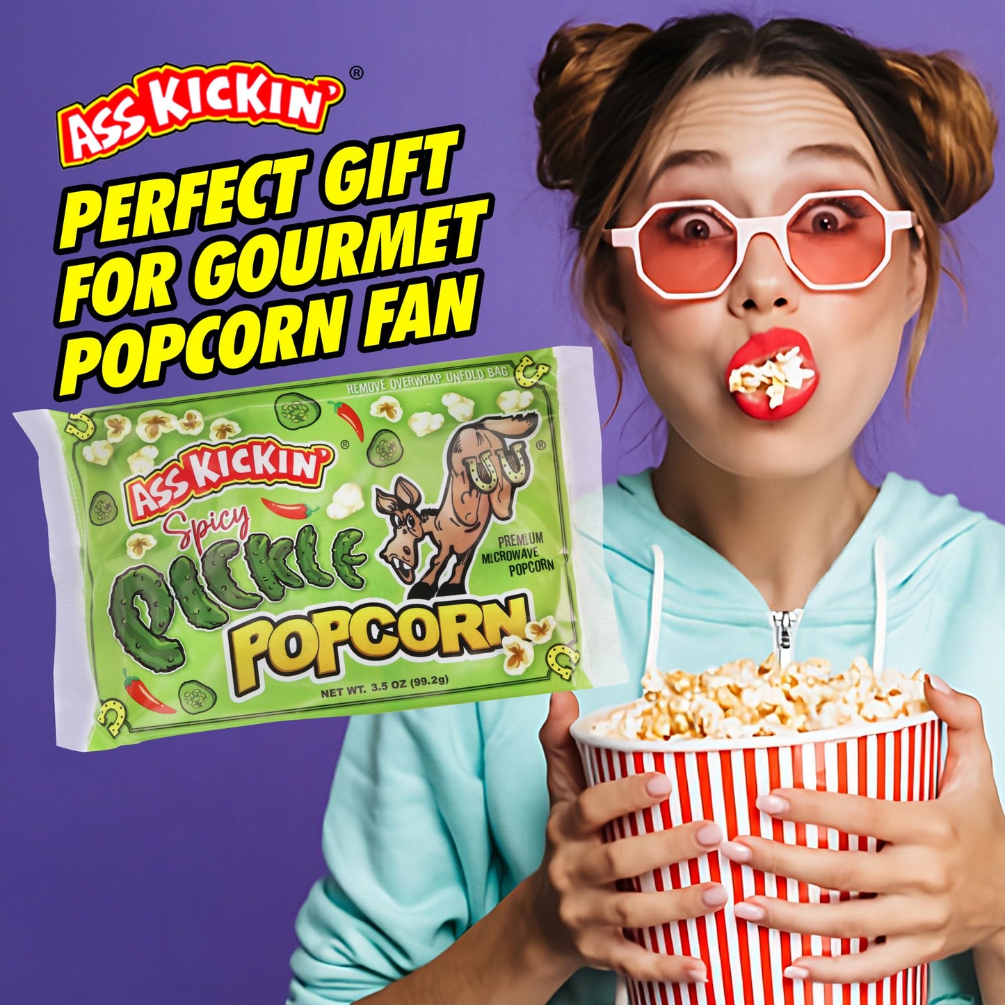 ASS KICKIN Spicy Pickle Microwave Popcorn Bags - 6 Pack - 0.58 Ounce Each - Gourmet Snack for Movie Night