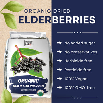 Dried Elderberries Organic 1 Lb Bulk Bag - Usda Certified, Non-Gmo Sambucus Nigra, Whole Dried Elderberry - Natural, No Added Su