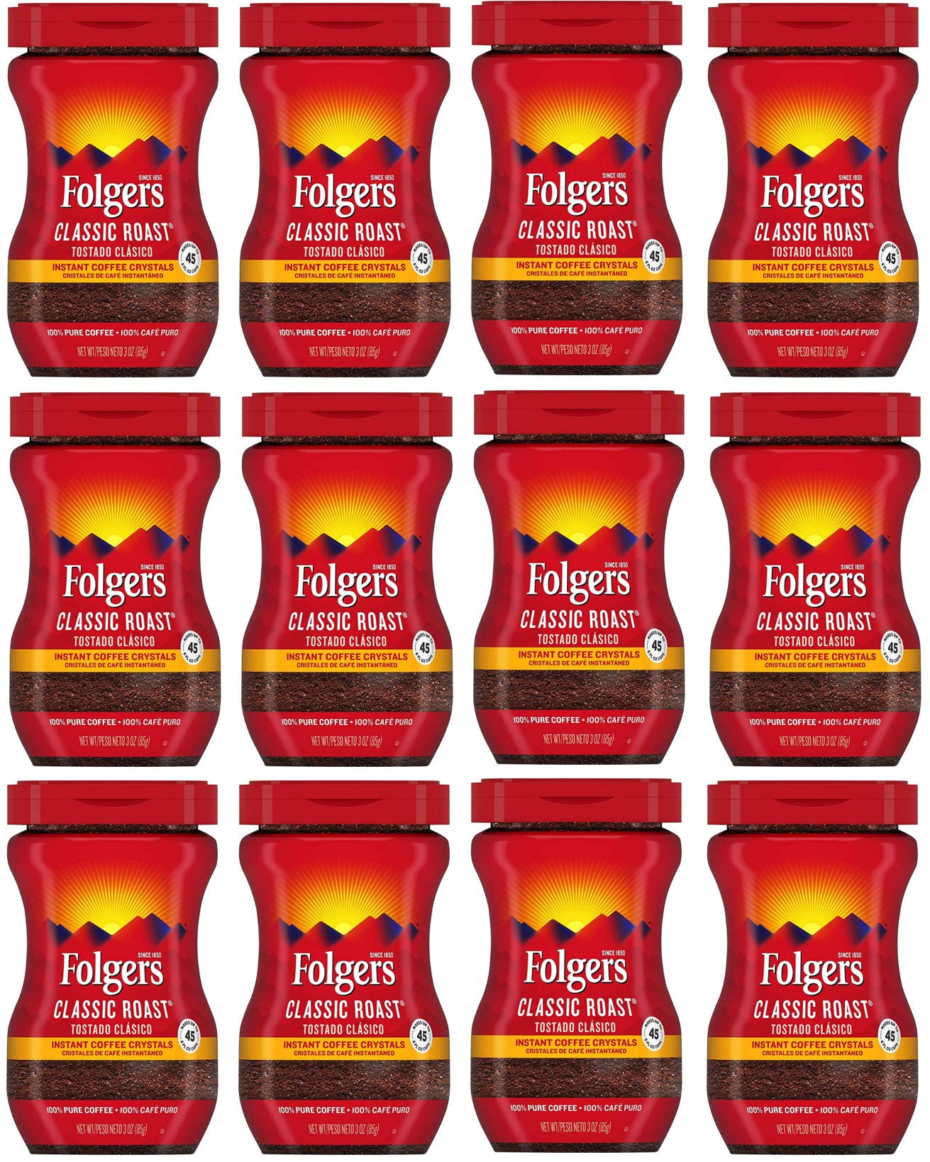 Folgers 20083 Classic Roast Instant Coffee Crystals, 3 Ounces, 100% Pure Coffee, Medium Roast, Easy-Open Flip Top Lid, Portable