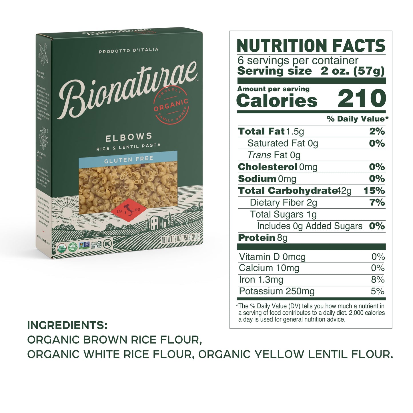 Bionaturae Gluten Free Elbow Pasta - Organic Rice & Lentil, High Protein, 12 Oz (Pack of 12)