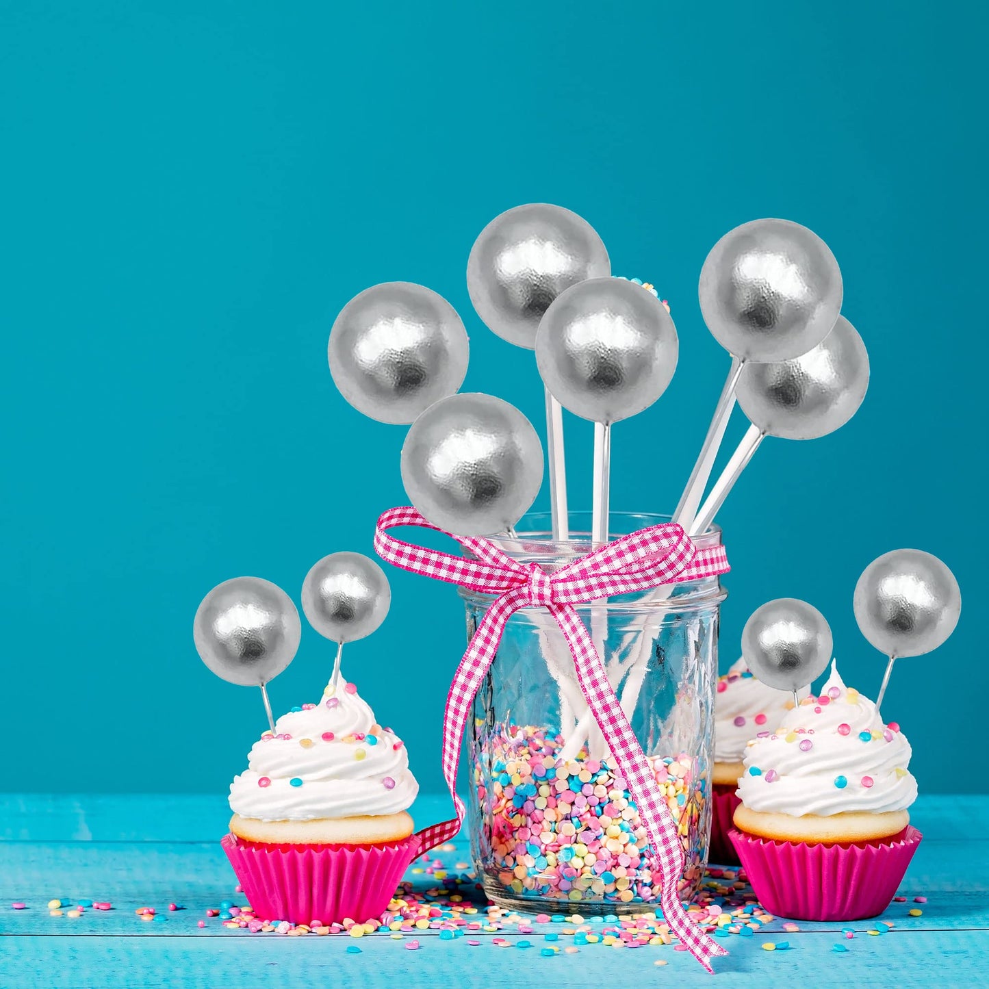 Gyufise 30Pcs Mini Balloon Cake Topper Foam Ball Cake Picks Cupcake Faux Pearl Balls Diy Cake Insert Topper Decoration For Anniv