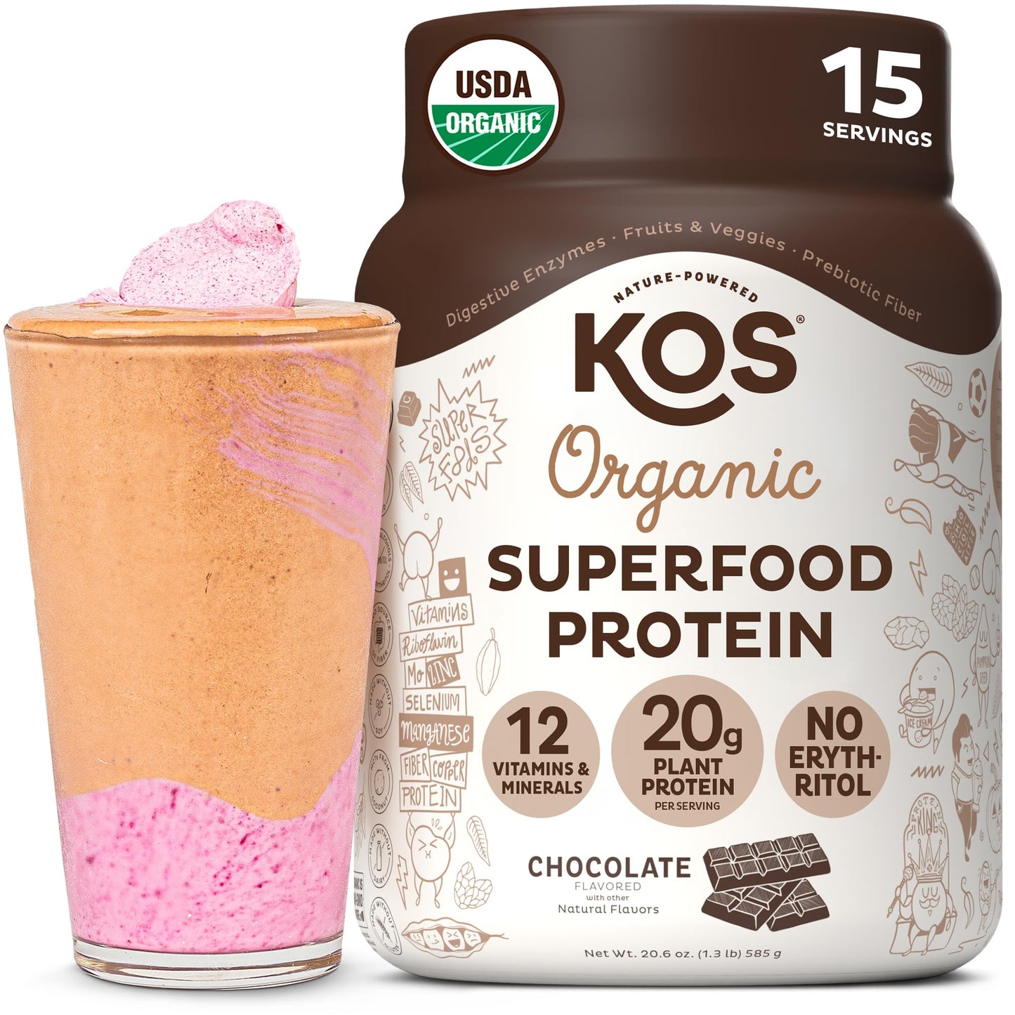 KOS Plant Based Protein Powder, Chocolate USDA Organic - Low Carb Pea Protein Blend, Vegan Superfood with Vitamins & Minerals -