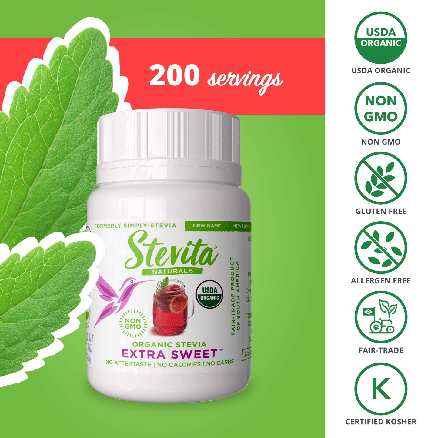 Stevita Organic Stevia Extra Sweet - 0.7 oz Powder - All-Natural, No Calorie Sweetener - USDA Organic, Non-GMO, Vegan, Kosher, K