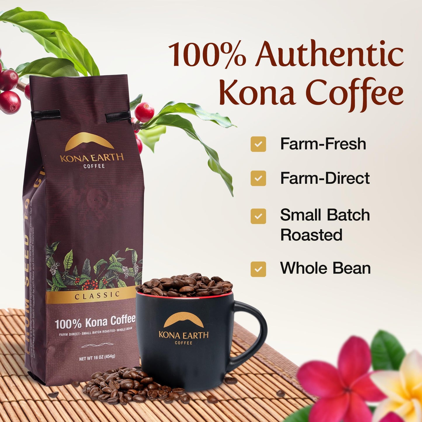 Kona Earth - Classic, 100% Kona Coffee Beans, Whole Farm-Fresh Classic Medium Roast Coffee Beans, Micro-Batch-Roasted, 1 Lb., Pa